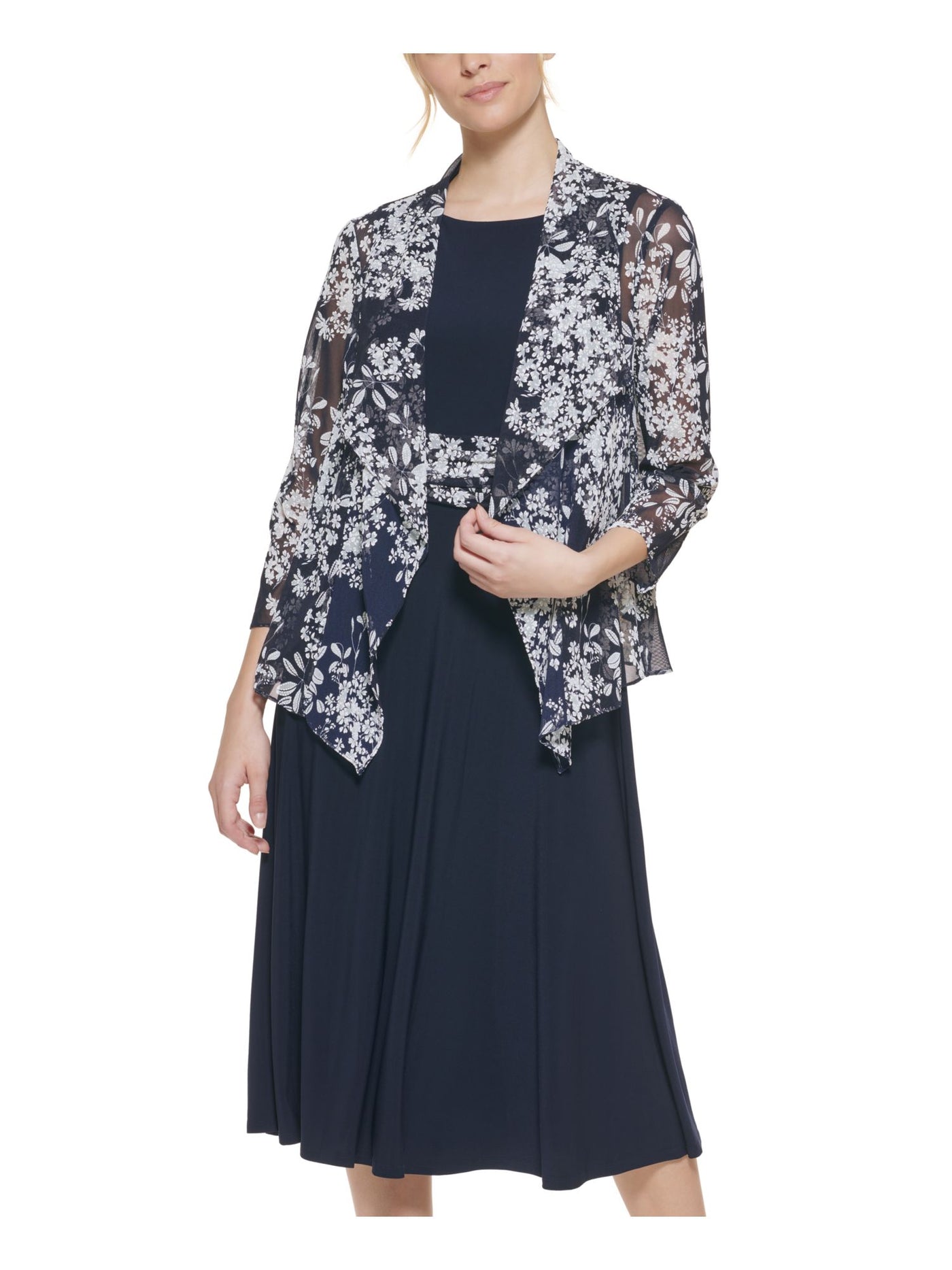 JESSICA HOWARD PETITES Womens Navy Sheer Floral 3/4 Sleeve Open Front Handkerchief Cardigan Petites 10P