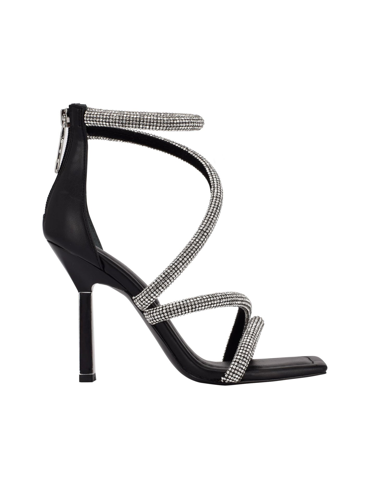 GUESS Womens Black Padded Ankle Strap Embellished Lalali Square Toe Zip-Up Dress Heeled Sandal 6 M