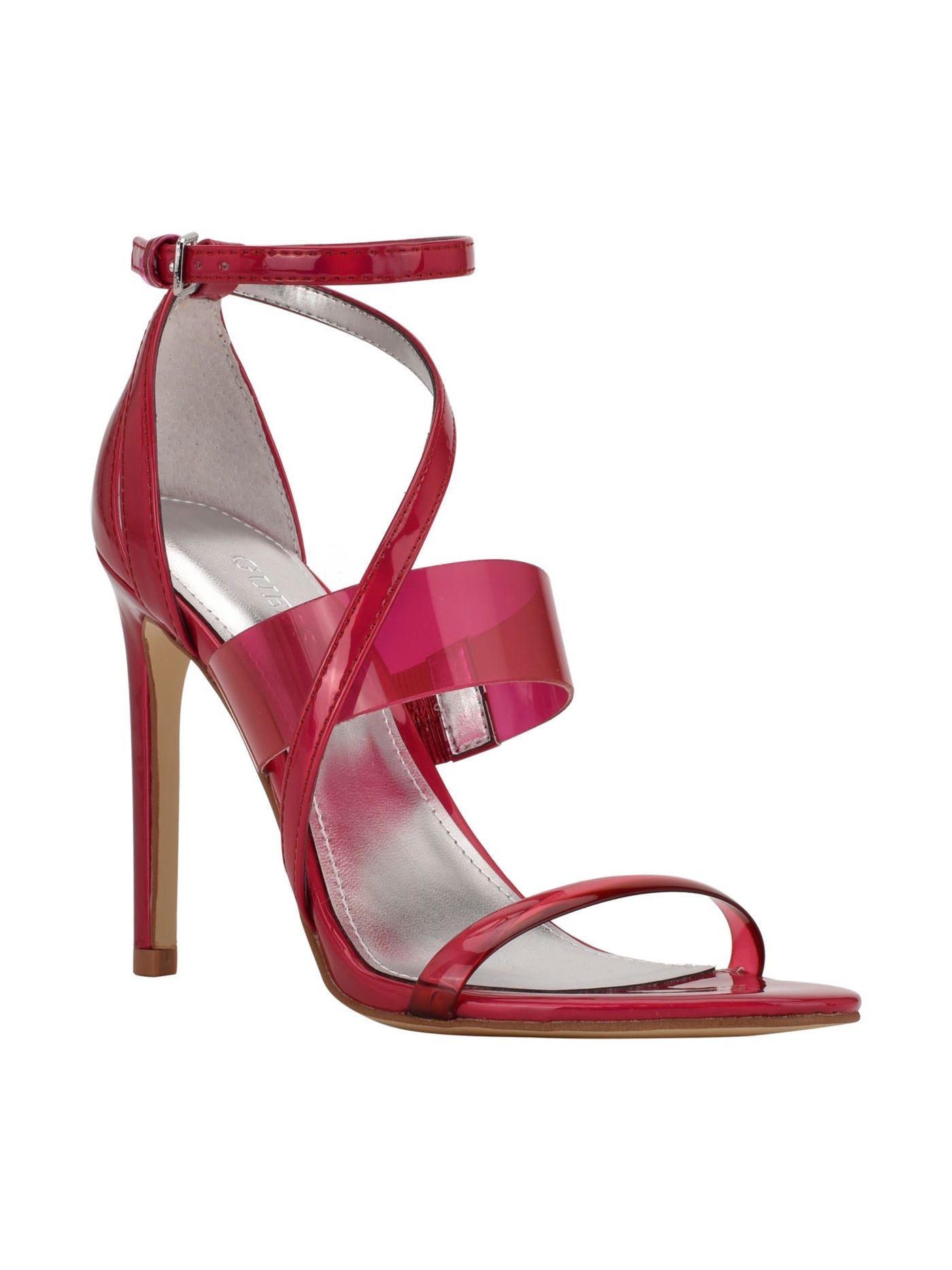 GUESS Womens Red Padded Transparent Strappy Iridescent Adjustable Strap Ankle Strap Felecia Almond Toe Stiletto Buckle Heeled Sandal 6.5 M