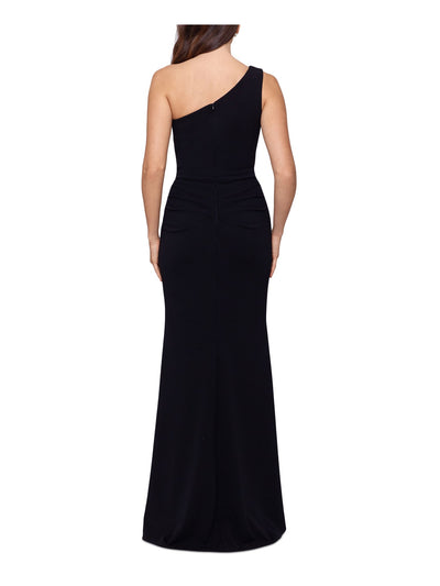 XSCAPE Womens Black Cut Out Zippered High Slit Fitted Scuba Crepe Sleeveless Asymmetrical Neckline Full-Length Evening Gown Dress 8