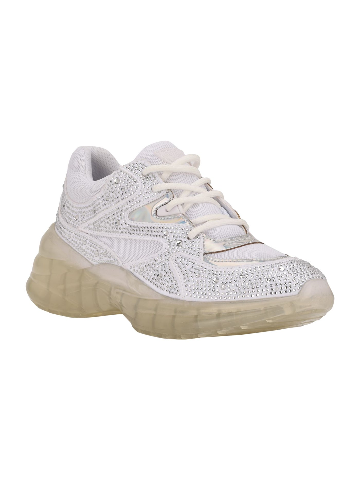 GUESS Womens White Comfort Holographic Removable Insole Rhinestone Circa Round Toe Wedge Lace-Up Athletic Sneakers Shoes 5 M
