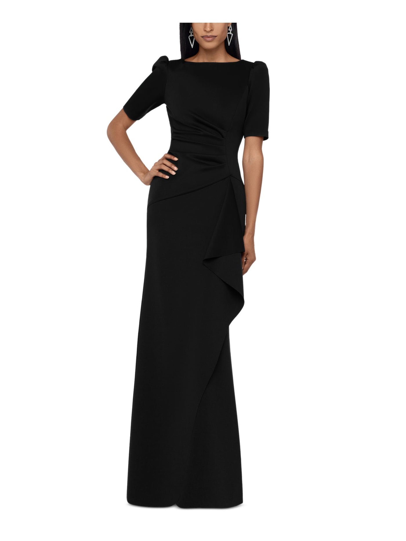 XSCAPE Womens Black Stretch Zippered Ruched Draped Tulip Skirt Elbow Sleeve Jewel Neck Full-Length Evening Gown Dress 8