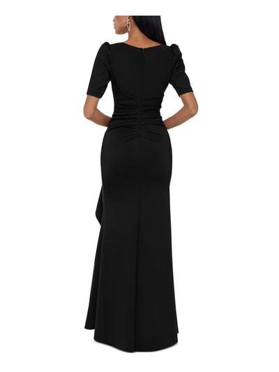 XSCAPE Womens Black Stretch Zippered Ruched Draped Tulip Skirt Elbow Sleeve Jewel Neck Full-Length Evening Gown Dress 14