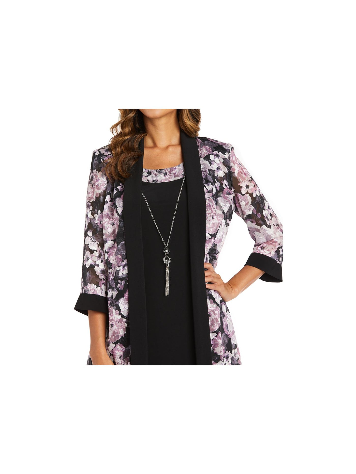 R&M RICHARDS WOMAN Womens Black Sheer Floral 3/4 Sleeve Open Front Cardigan Plus 18W