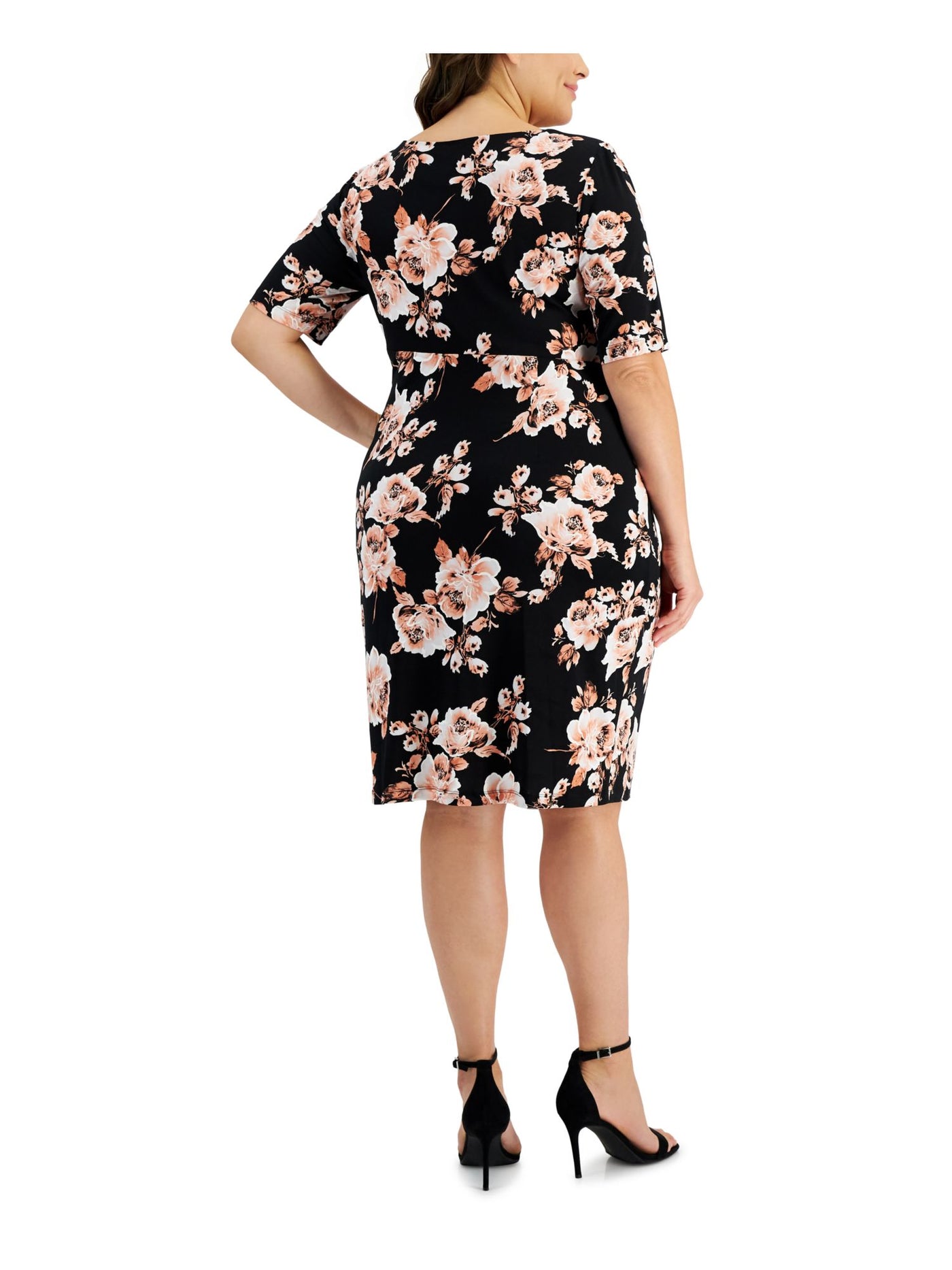 CONNECTED APPAREL Womens Black Unlined Gathered Pullover Side-tab Pleated Floral Elbow Sleeve Round Neck Below The Knee Sheath Dress Plus 24W