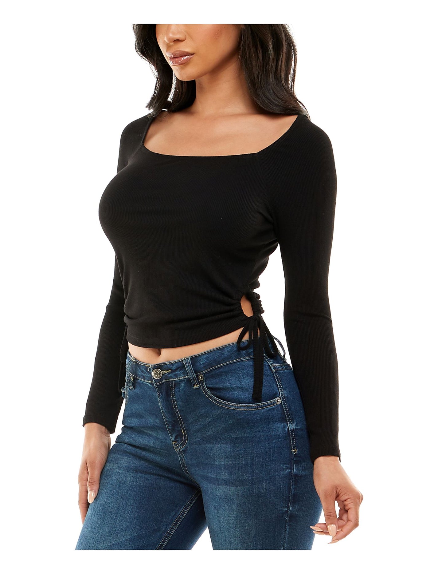 CRAVE FAME Womens Black Ruched Cut Out Side Ties Ribbed Fitted Long Sleeve Square Neck Crop Top Juniors M