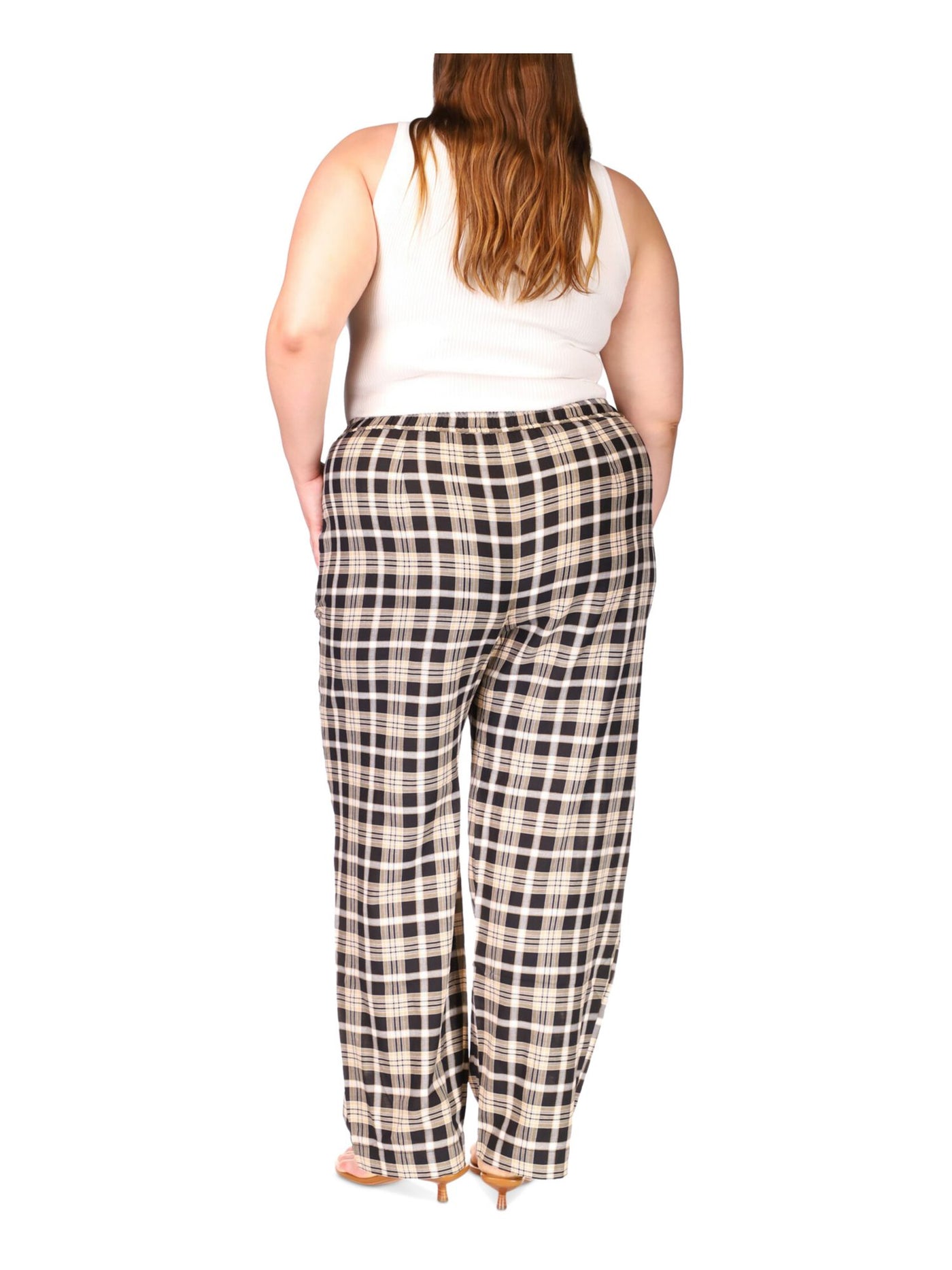 MICHAEL MICHAEL KORS Womens Black Tie Elastic Waist Pull-on Plaid Straight leg Pants Plus 3X