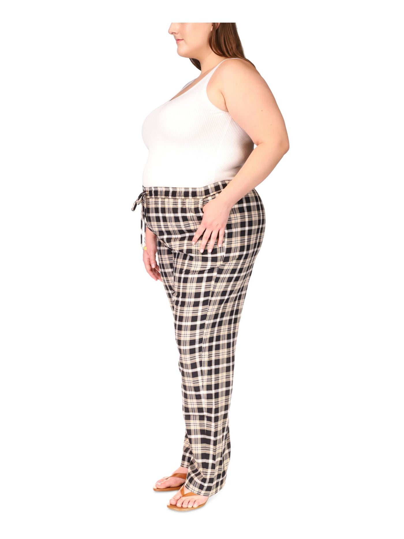 MICHAEL MICHAEL KORS Womens Black Tie Elastic Waist Pull-on Plaid Straight leg Pants Plus 3X