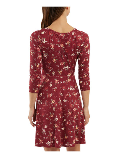 BCX Womens Maroon Unlined Tie Detail Pullover Floral 3/4 Sleeve Sweetheart Neckline Above The Knee Fit + Flare Dress Juniors L
