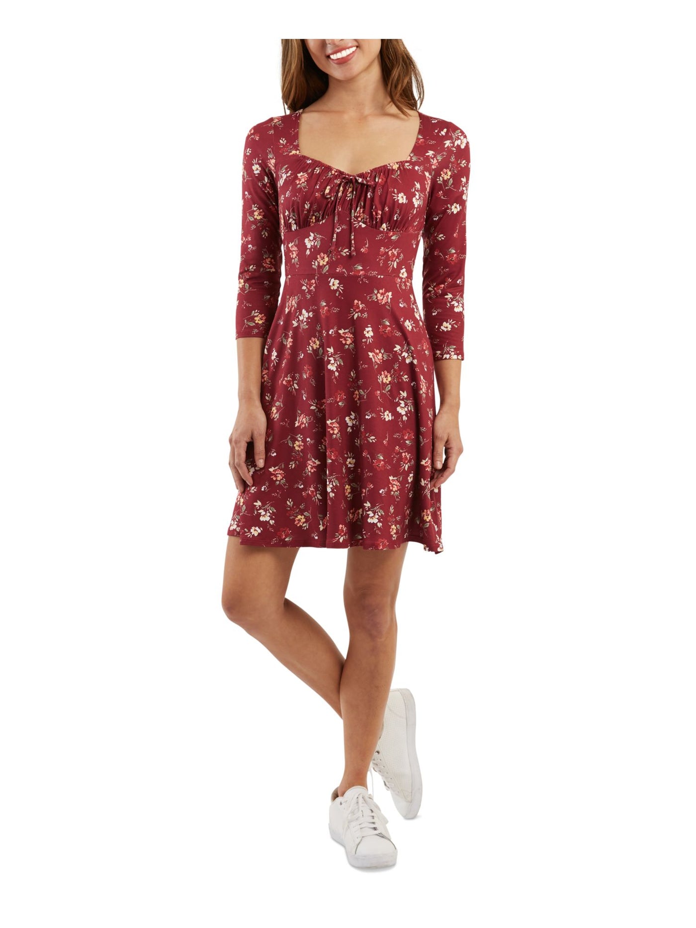 BCX Womens Maroon Unlined Tie Detail Pullover Floral 3/4 Sleeve Sweetheart Neckline Above The Knee Fit + Flare Dress Juniors L