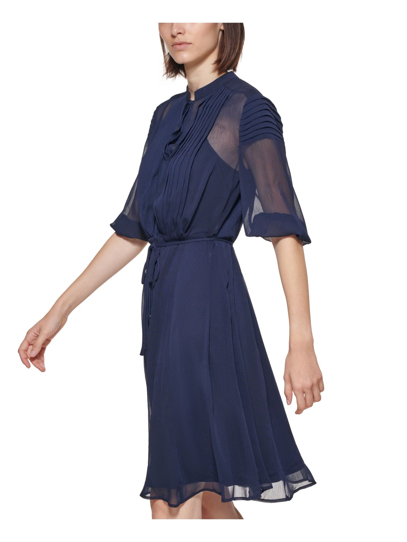 CALVIN KLEIN Womens Navy Pleated Sheer Button Front Tie Belt Lined Elbow Sleeve Split Above The Knee Party Shirt Dress 4