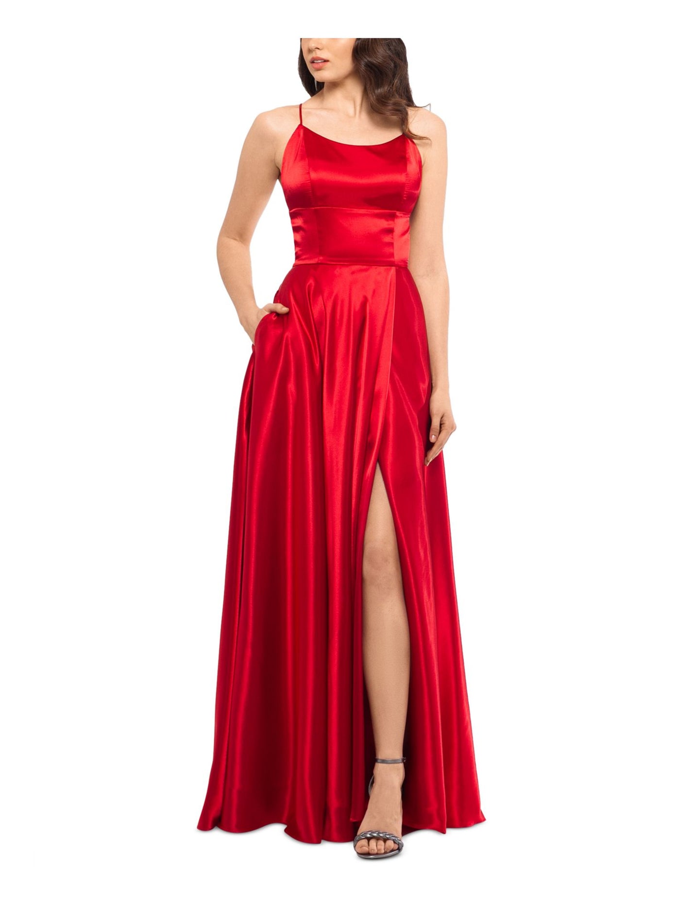 B&A  BY BETSY & ADAM Womens Red Satin Zippered Lined Pocketed Slitted Spaghetti Strap Scoop Neck Full-Length Formal Gown Dress Petites 0P