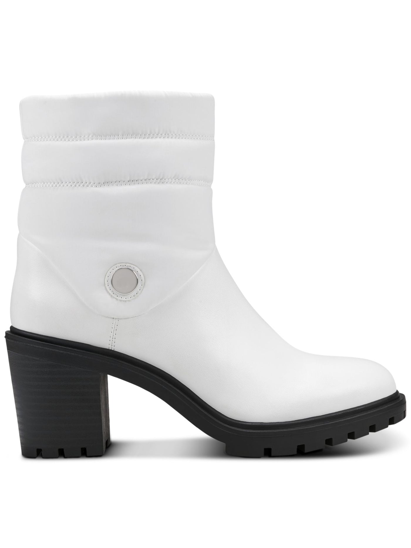 ALFANI Womens White Mixed Media Puffer Quilted Detailing Lug Sole Padded Belcalise Almond Toe Block Heel Zip-Up Booties 7 M