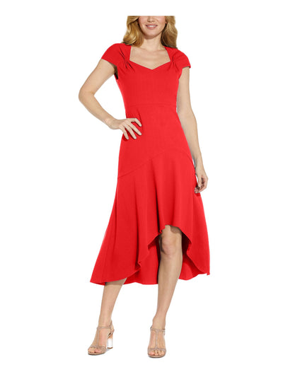 ADRIANNA PAPELL Womens Red Zippered Gathered Cap Sleeve Sweetheart Neckline Midi Party Hi-Lo Dress 10