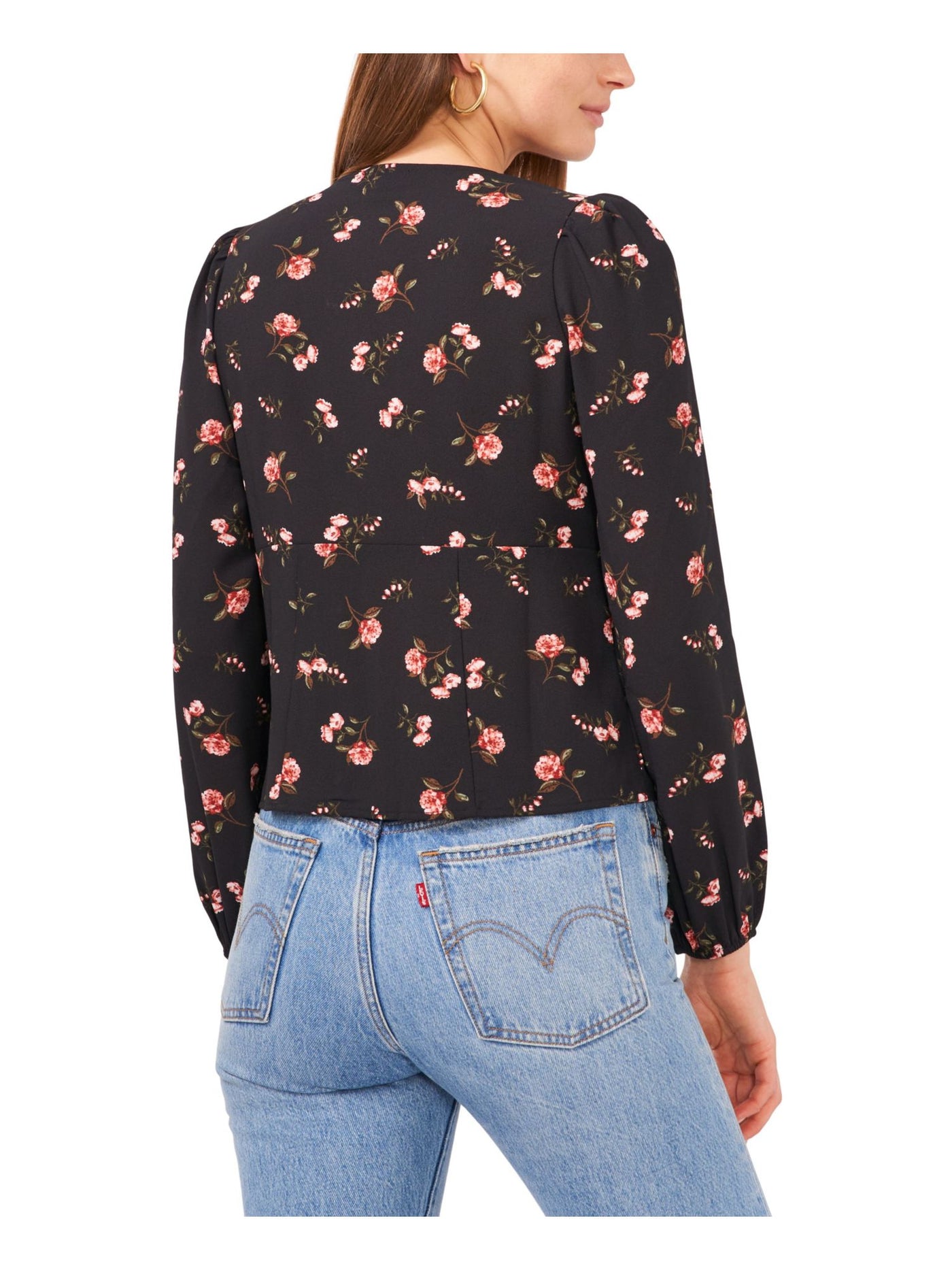1. STATE Womens Black Zippered Faux-button Front Floral Long Sleeve V Neck Top 8