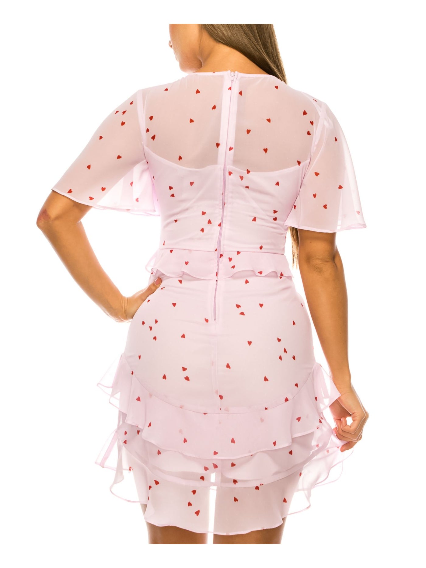 B DARLIN Womens Sheer Printed Flutter Sleeve V Neck Short Party A-Line Dress Juniors