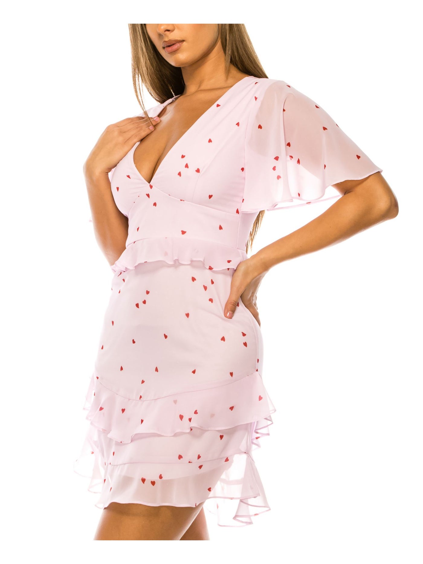 B DARLIN Womens Pink Sheer Zippered Ruffled Lined Fitted Printed Flutter Sleeve V Neck Short Party A-Line Dress Juniors 9\10
