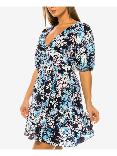 B DARLIN Womens Navy Printed Pouf Sleeve V Neck Above The Knee Party A-Line Dress 11\12