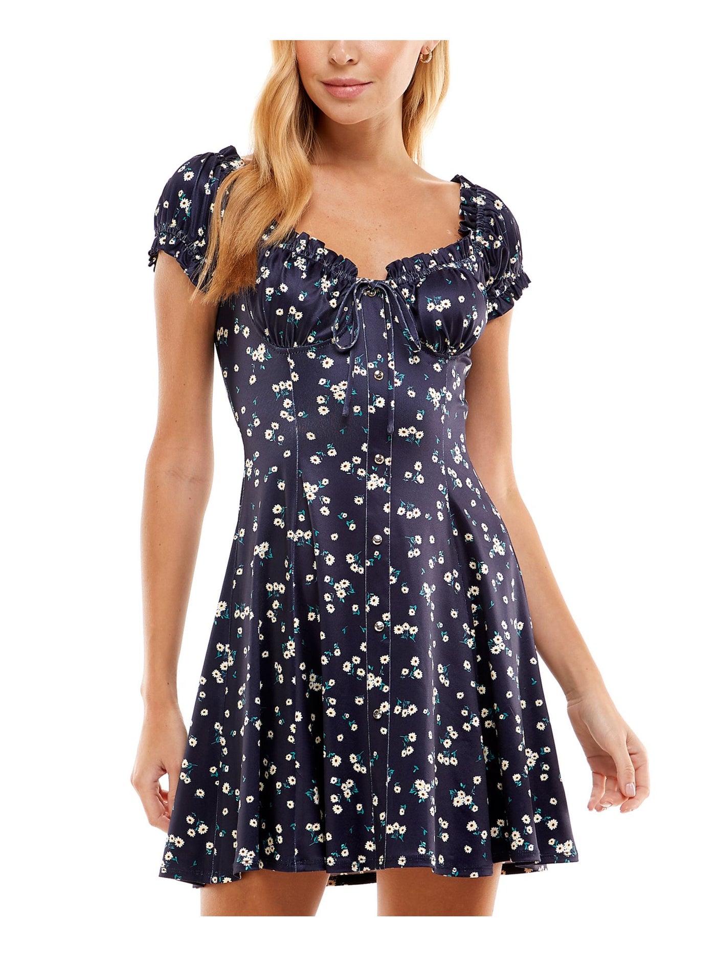 CITY STUDIO Womens Navy Tie Floral Short Sleeve Sweetheart Neckline Short Party Fit + Flare Dress XXS