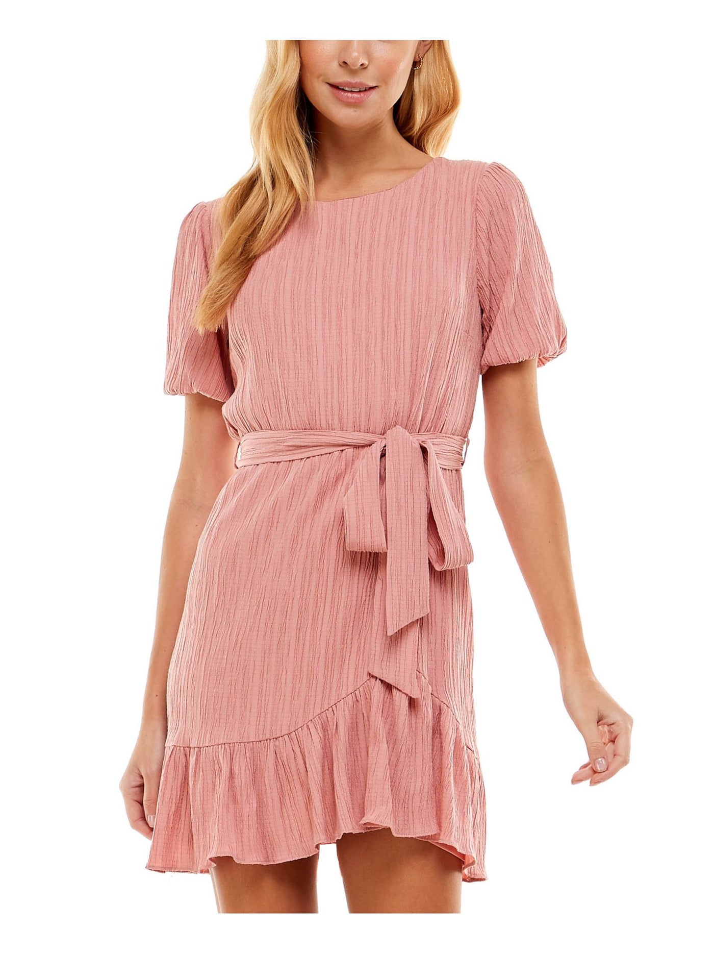 CITY STUDIO Womens Pink Stretch Textured Ruffled Keyhole Back Belted Short Sleeve Jewel Neck Short Fit + Flare Dress XL