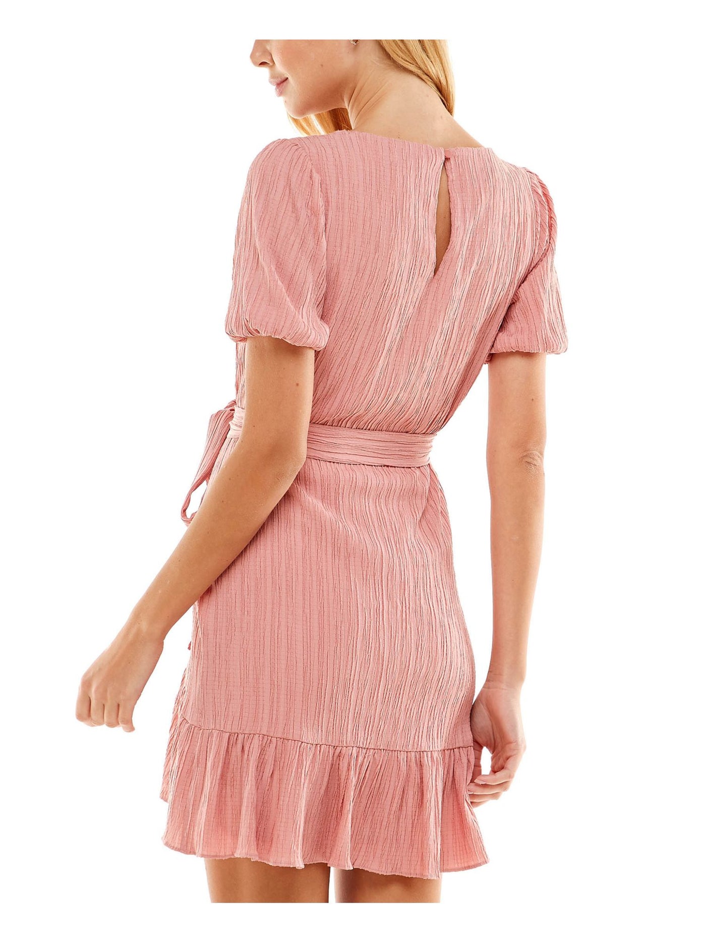 CITY STUDIO Womens Pink Stretch Textured Ruffled Keyhole Back Belted Short Sleeve Jewel Neck Short Fit + Flare Dress L