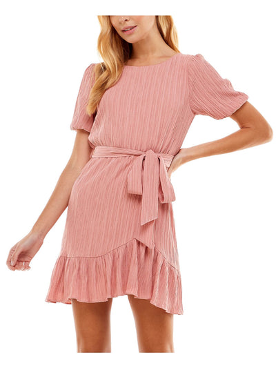 CITY STUDIO Womens Pink Stretch Textured Ruffled Keyhole Back Belted Short Sleeve Jewel Neck Short Fit + Flare Dress S