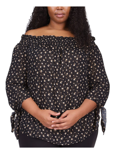 MICHAEL KORS Womens Black Smocked Sheer Pullover Unlined Tie Curved Hem Floral 3/4 Sleeve Off Shoulder Top Plus 1X