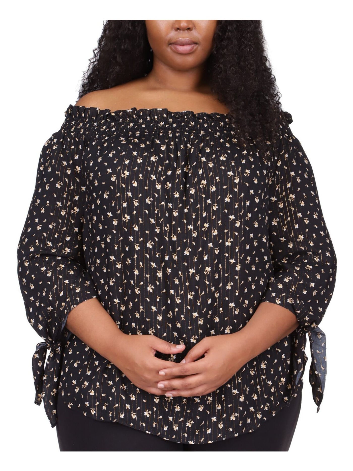 MICHAEL KORS Womens Smocked 3/4 Sleeve Off Shoulder Tie Curved Hem Top