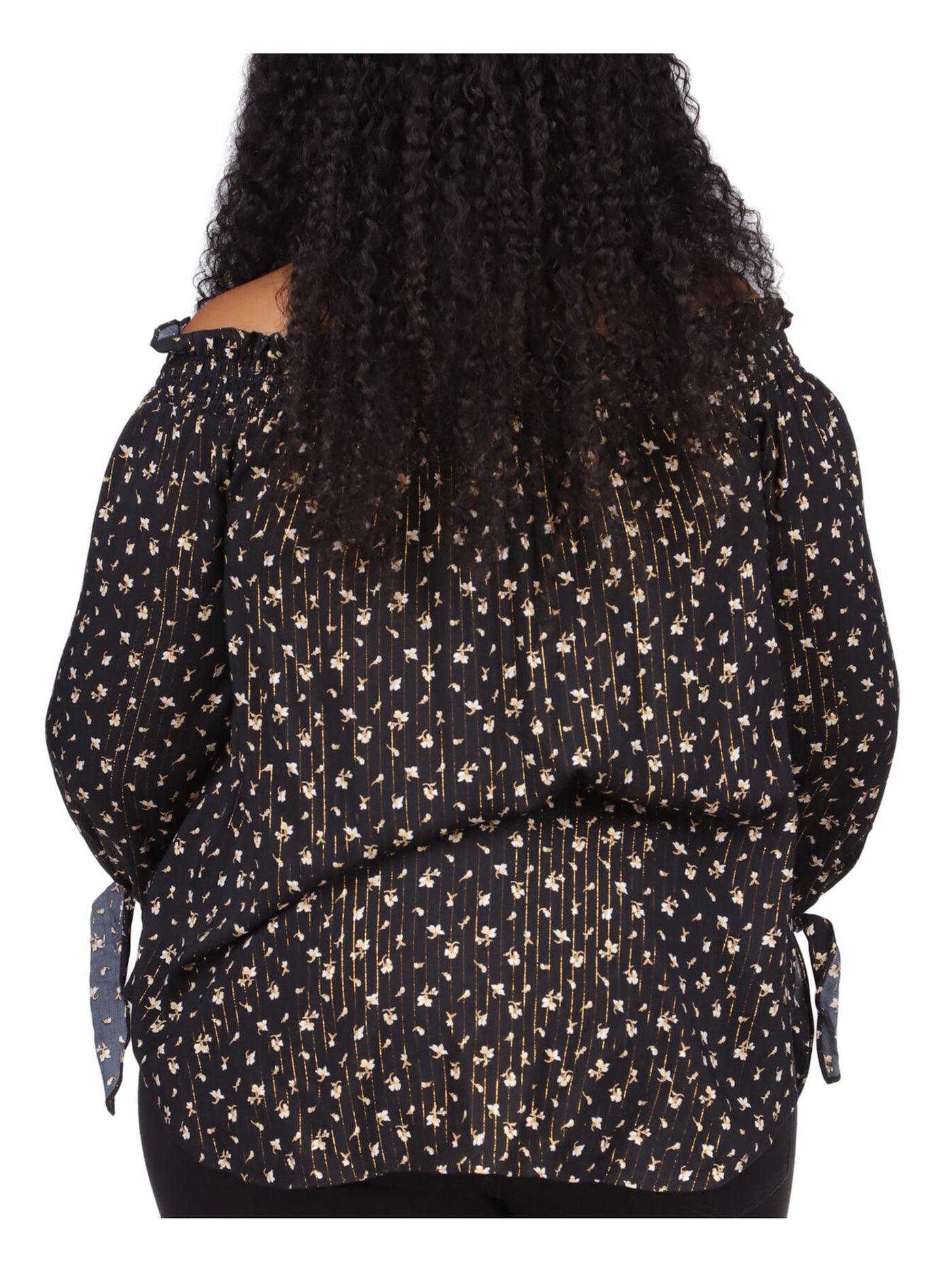 MICHAEL KORS Womens Black Smocked Sheer Pullover Unlined Tie Curved Hem Floral 3/4 Sleeve Off Shoulder Top Plus 1X