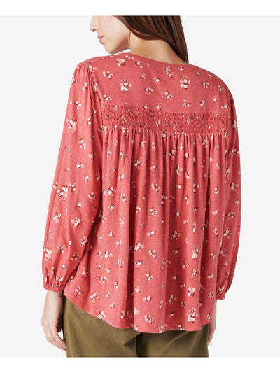 LUCKY BRAND Womens Coral Smocked Pleated Button Closure Step Hem Floral Long Sleeve Split Top XL