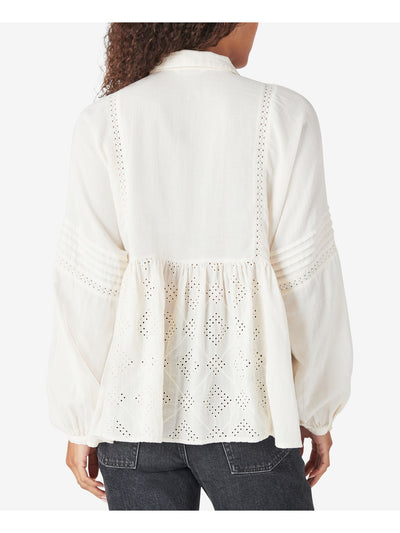 LUCKY BRAND Womens Ivory Eyelet Embroidered Pleated Sheer Button Front Lace Long Sleeve Collared Top S