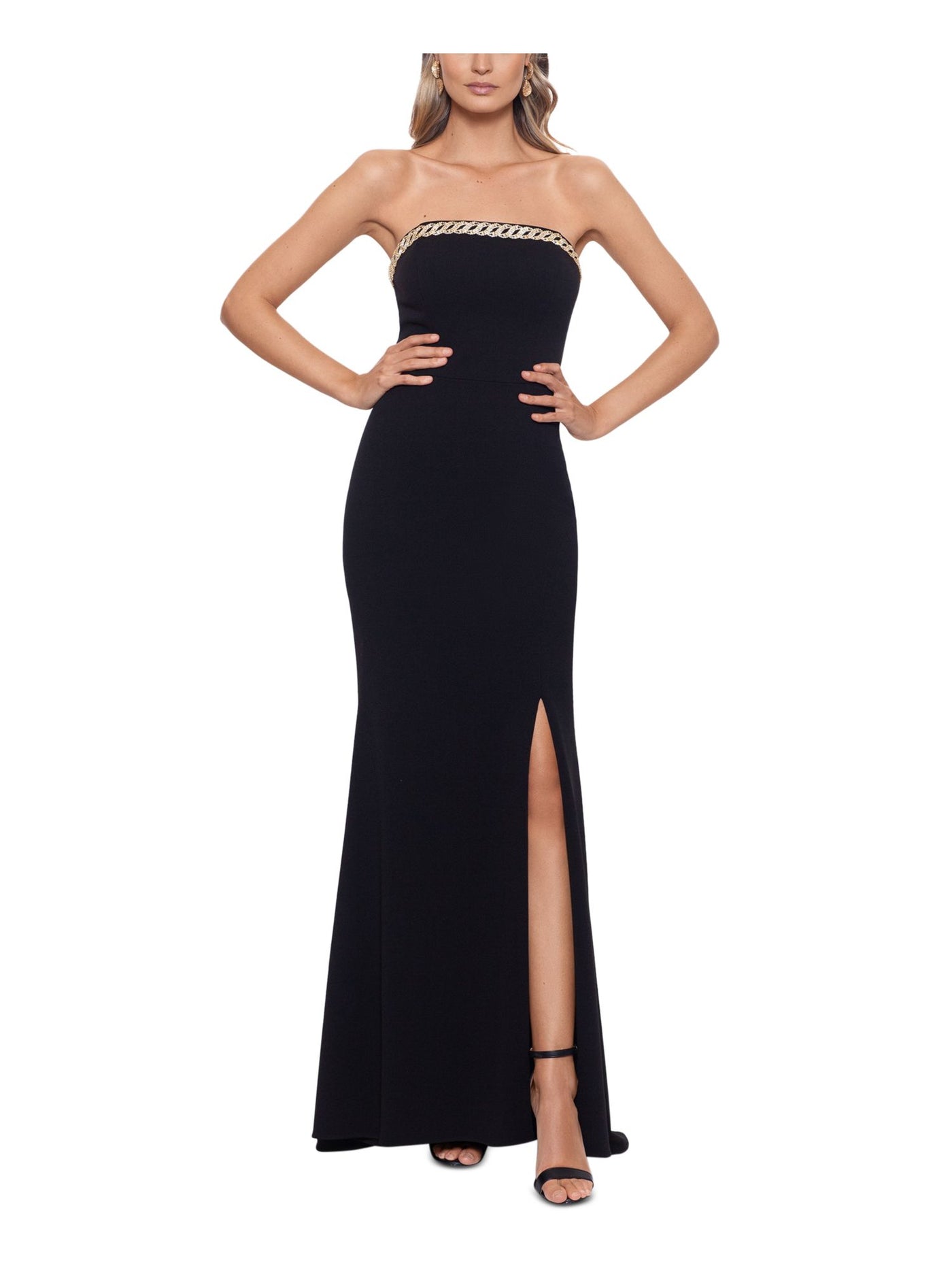 XSCAPE Womens Black Stretch Embellished Zippered Scuba Crepe Slitted Lined Sleeveless Strapless Full-Length Evening Fit + Flare Dress 2