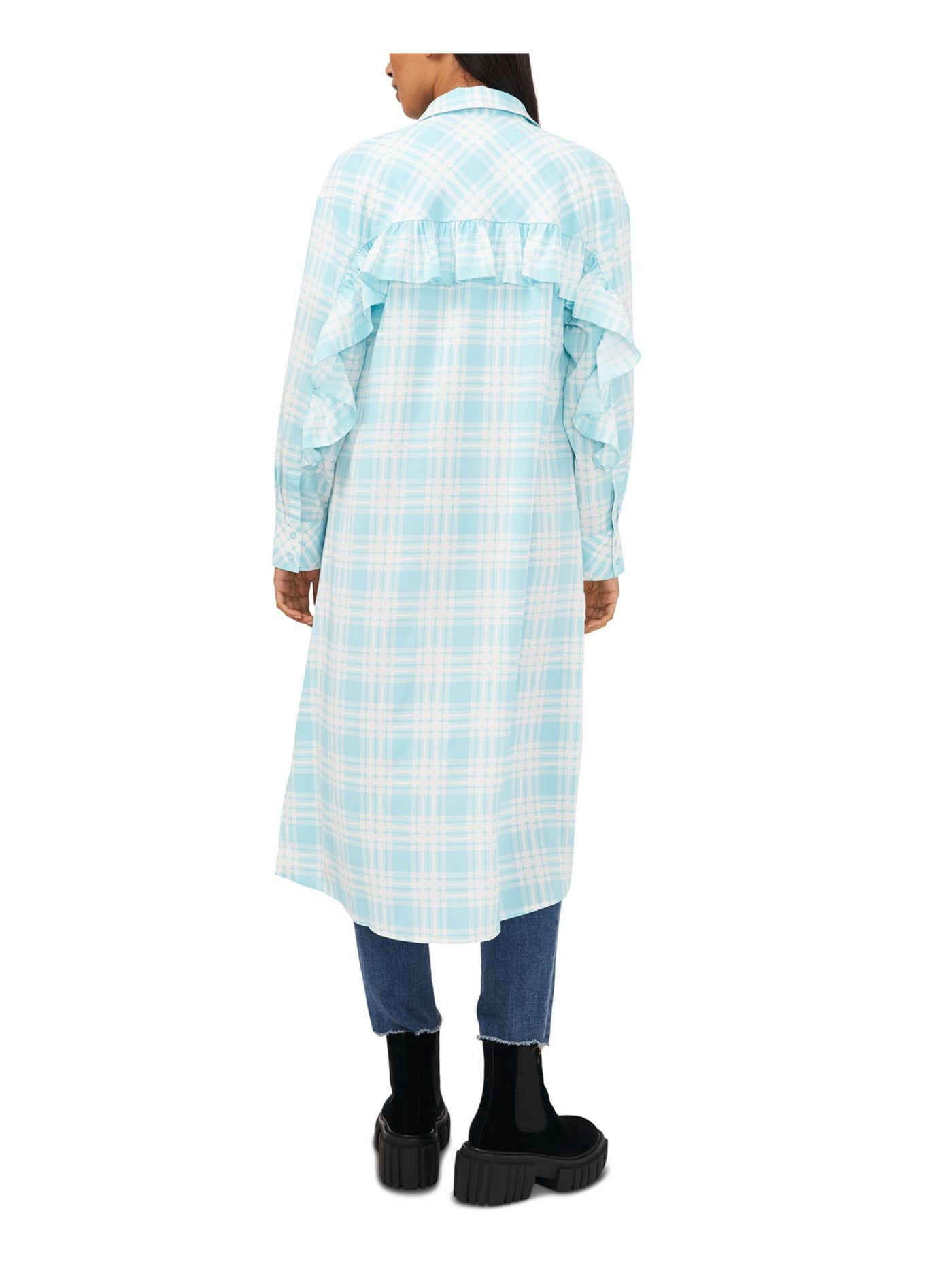 RILEY&RAE Womens Light Blue Ruffled Pocketed Slitted Button Down Plaid Cuffed Sleeve Point Collar Below The Knee Shirt Dress XS