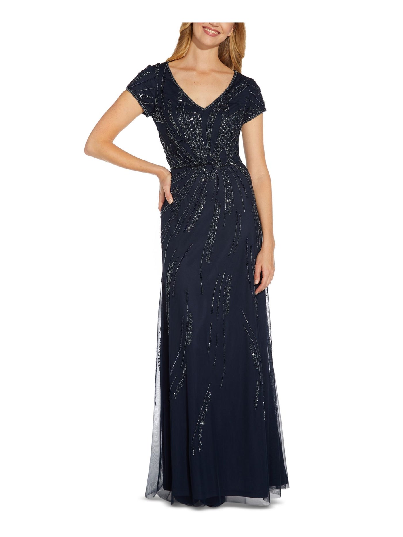 ADRIANNA PAPELL Womens Navy Embellished Zippered Lined Short Sleeve V Neck Full-Length Formal Gown Dress 4