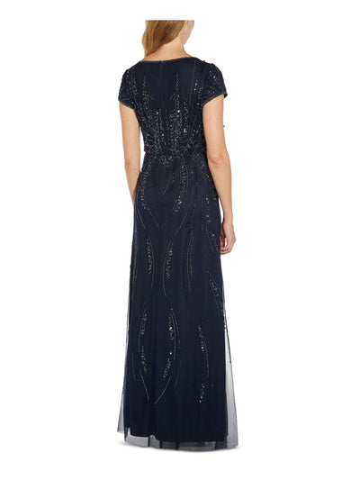 ADRIANNA PAPELL Womens Navy Embellished Zippered Lined Short Sleeve V Neck Full-Length Formal Gown Dress 4