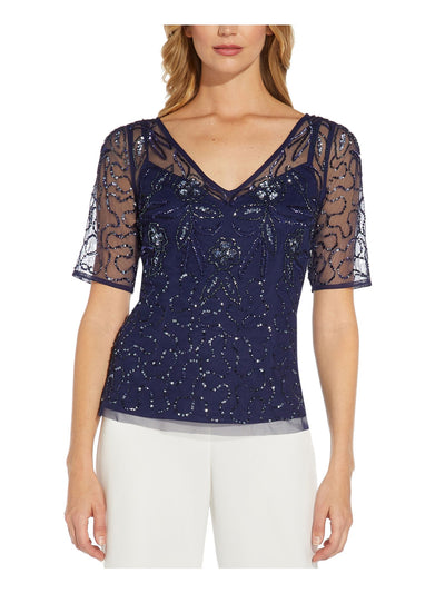 ADRIANNA PAPELL Womens Navy Sequined Beaded Sheer Short Sleeve V Neck Party Top 2