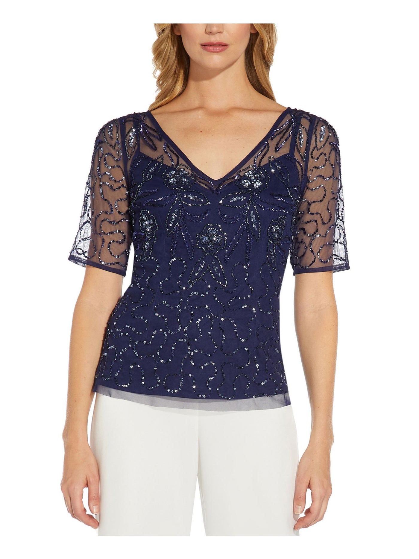 ADRIANNA PAPELL Womens Navy Sequined Beaded Sheer Short Sleeve V Neck Party Top 4