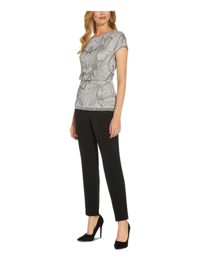 ADRIANNA PAPELL Womens Silver Zippered Blouson Short Sleeve Jewel Neck Wear To Work Top 6