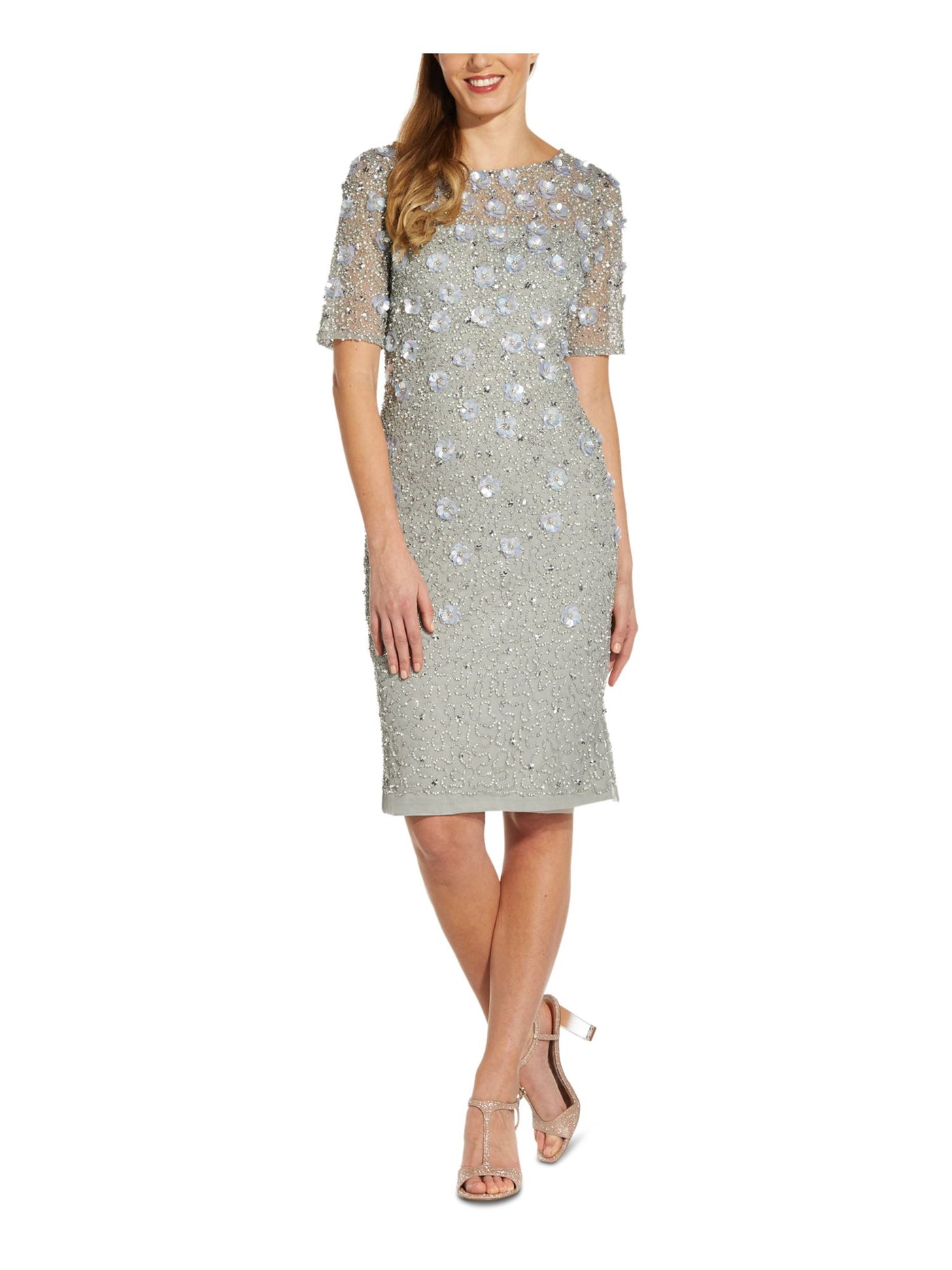 ADRIANNA PAPELL Womens Gray Sequined Beaded Sheer Zippered Lined Short Sleeve Round Neck Below The Knee Evening Shift Dress 6