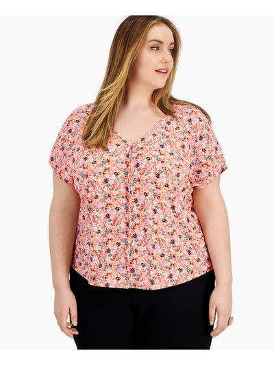 BAR III Womens Orange Floral Short Sleeve V Neck Wear To Work Top Plus 3X