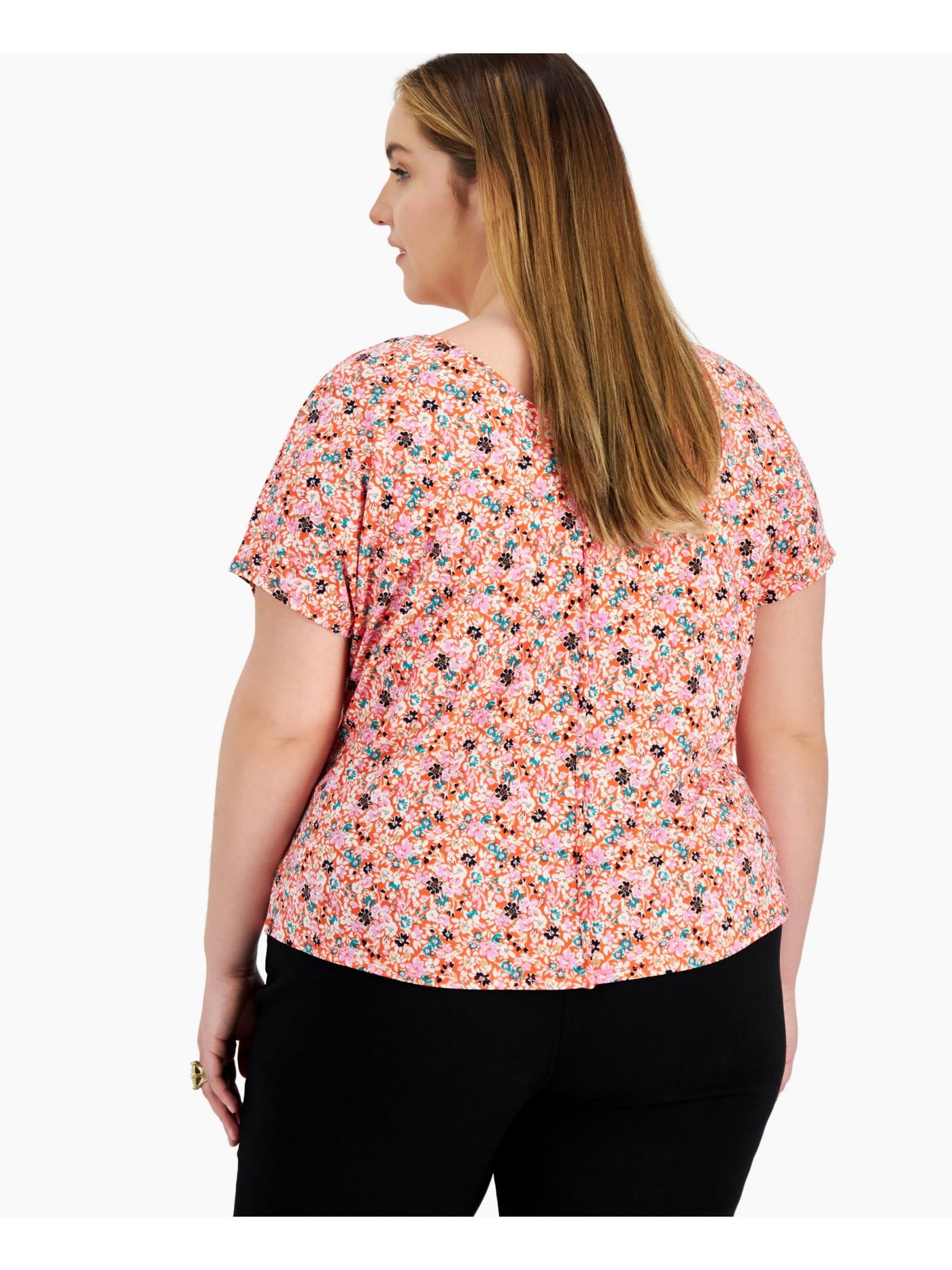 BAR III Womens Orange Floral Short Sleeve V Neck Wear To Work Top Plus 3X