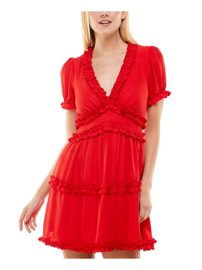 TRIXXI Womens Red Ruffled Zippered Lined Pouf Sleeve V Neck Short Fit + Flare Dress Juniors L