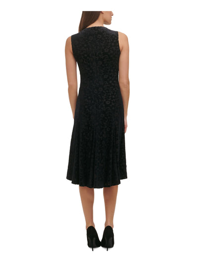 TOMMY HILFIGER Womens Black Textured Lined Pullover Floral Sleeveless Jewel Neck Below The Knee Party Hi-Lo Dress 8