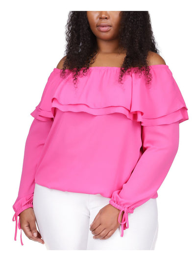 MICHAEL MICHAEL KORS Womens Pink Ruffled Tie Elastic Cuffs Long Sleeve Off Shoulder Party Top Plus 3X