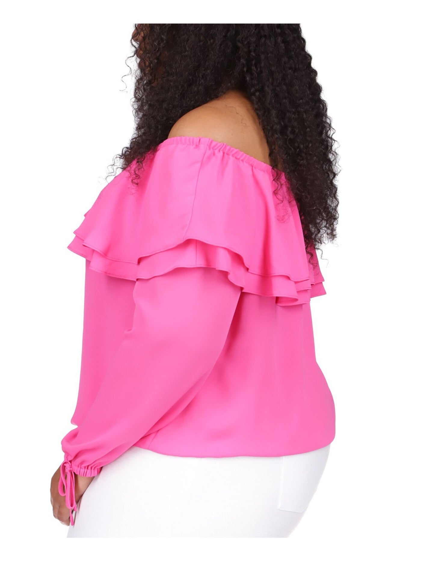 MICHAEL KORS Womens Pink Ruffled Tie Elastic Cuffs Long Sleeve Off Shoulder Party Top Plus 0X