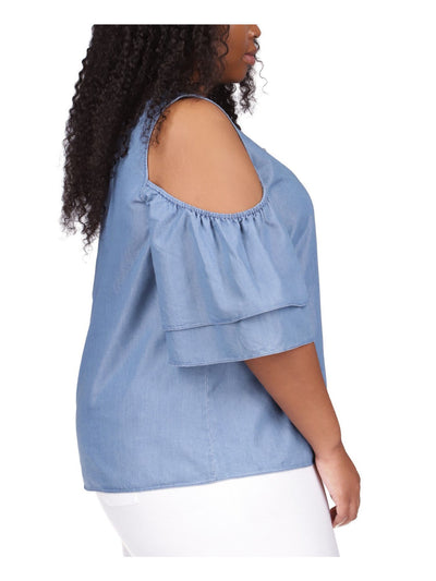 MICHAEL KORS Womens Light Blue Cold Shoulder Keyhole Back Logo Plate Short Sleeve Round Neck Top Plus 2X