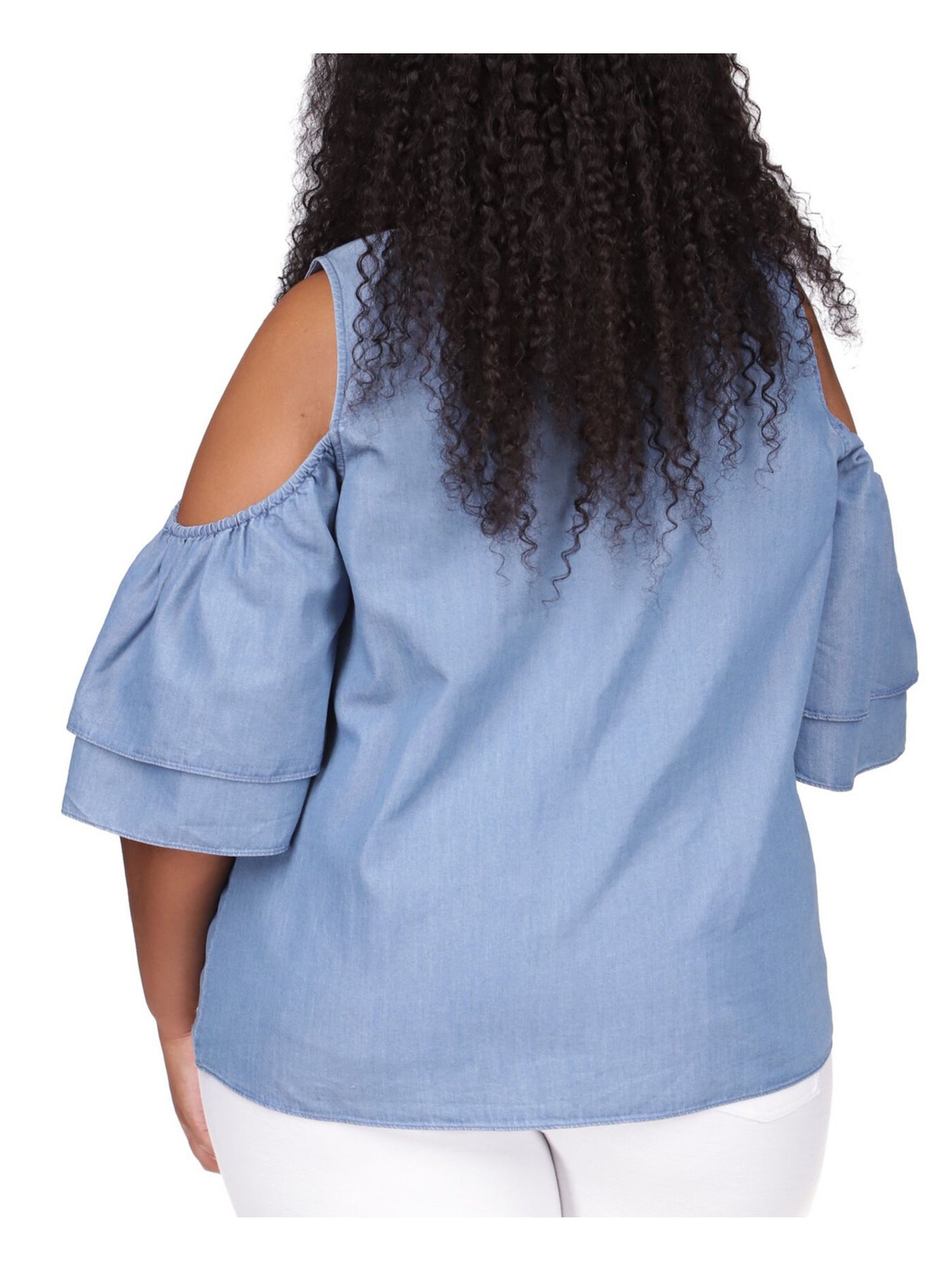 MICHAEL KORS Womens Light Blue Cold Shoulder Keyhole Back Logo Plate Short Sleeve Round Neck Top Plus 0X