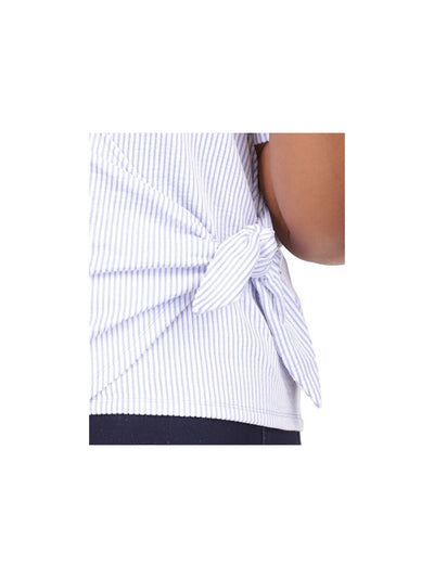MICHAEL KORS Womens Light Blue Tie Textured Unlined Logo Plate Striped Short Sleeve V Neck Wrap Top Plus 4X