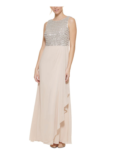 VINCE CAMUTO Womens Beige Sequined Zippered V-back Faux Wrap Skirt Lined Sleeveless Jewel Neck Full-Length Formal Gown Dress 4