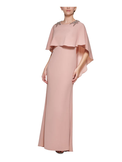 VINCE CAMUTO Womens Pink Embellished Zippered Capelet Overlay Lined 3/4 Sleeve Boat Neck Full-Length Formal Gown Dress Petites 4P